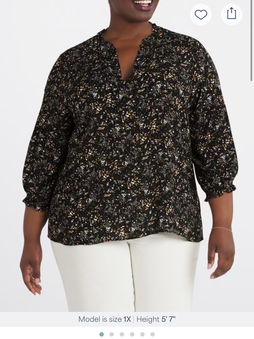 Women’s Black Floral Split-Neck Blouse with Ruffle Trim